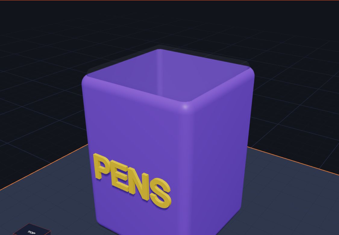 A purple pen pot with the word PENS on the front, designed in Kids 3D Lab