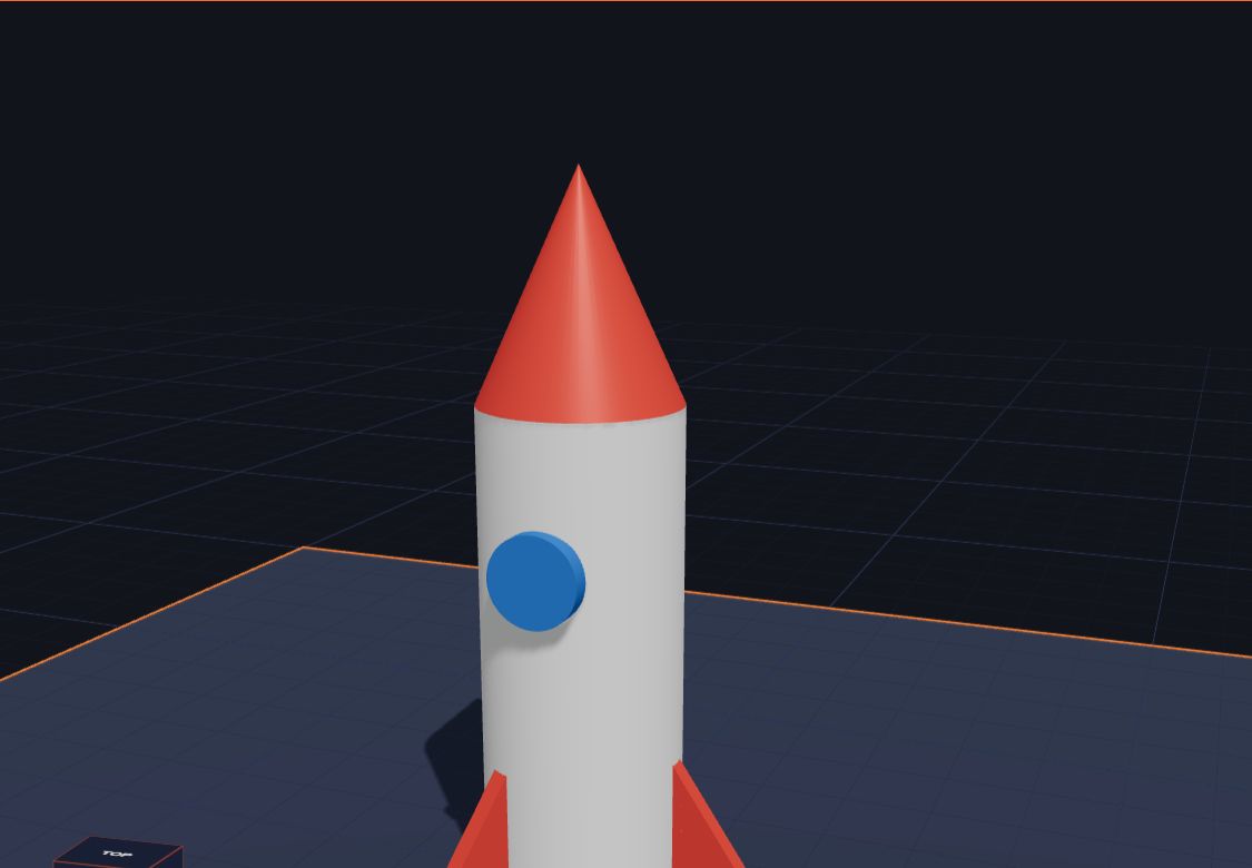A white rocket with a red nose, a blue window and three red fins