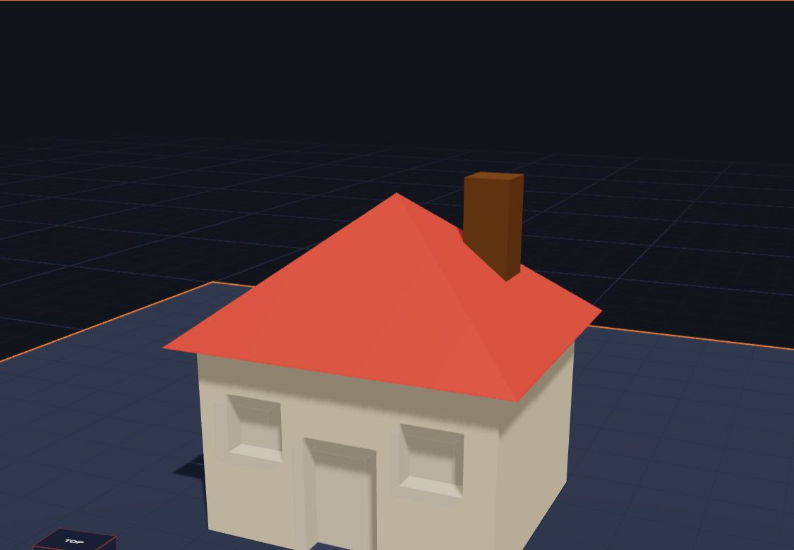 A little house with a roof, a door and windows, built from simple shapes in Kids 3D Lab