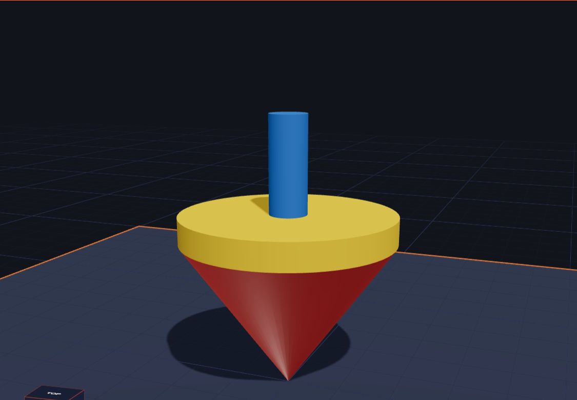 A spinning top: a red upside-down cone, a yellow disc and a blue handle
