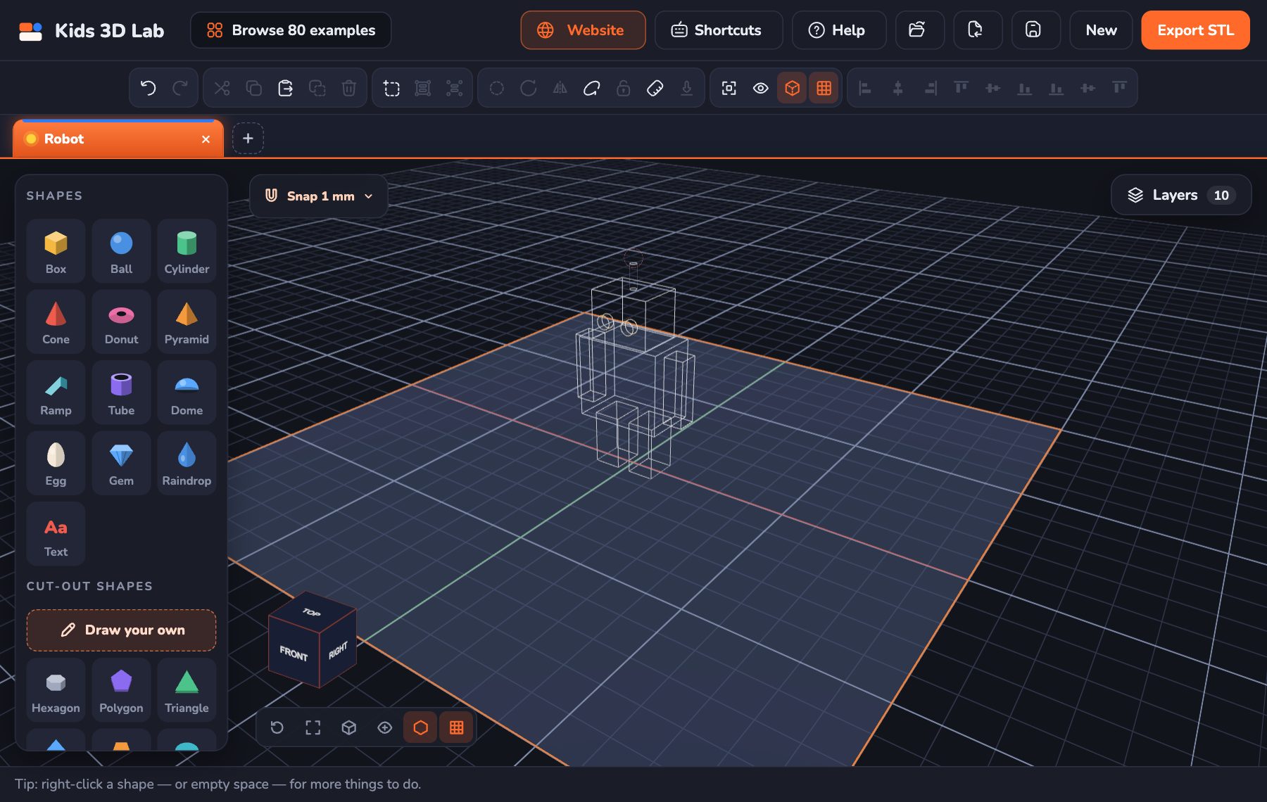 The robot in Outline: only the lines of each shape