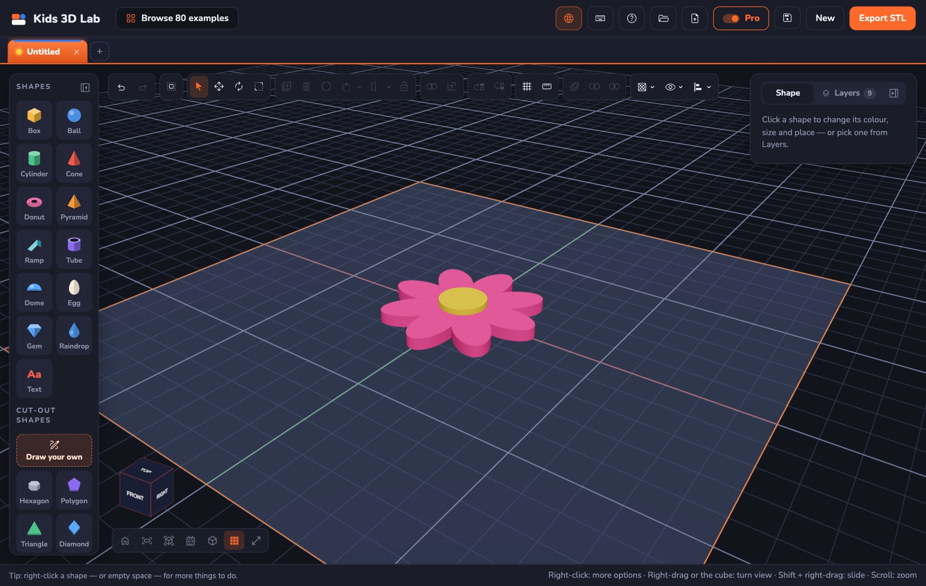 A flower made with Repeat: one pink petal copied 8 times round a yellow middle