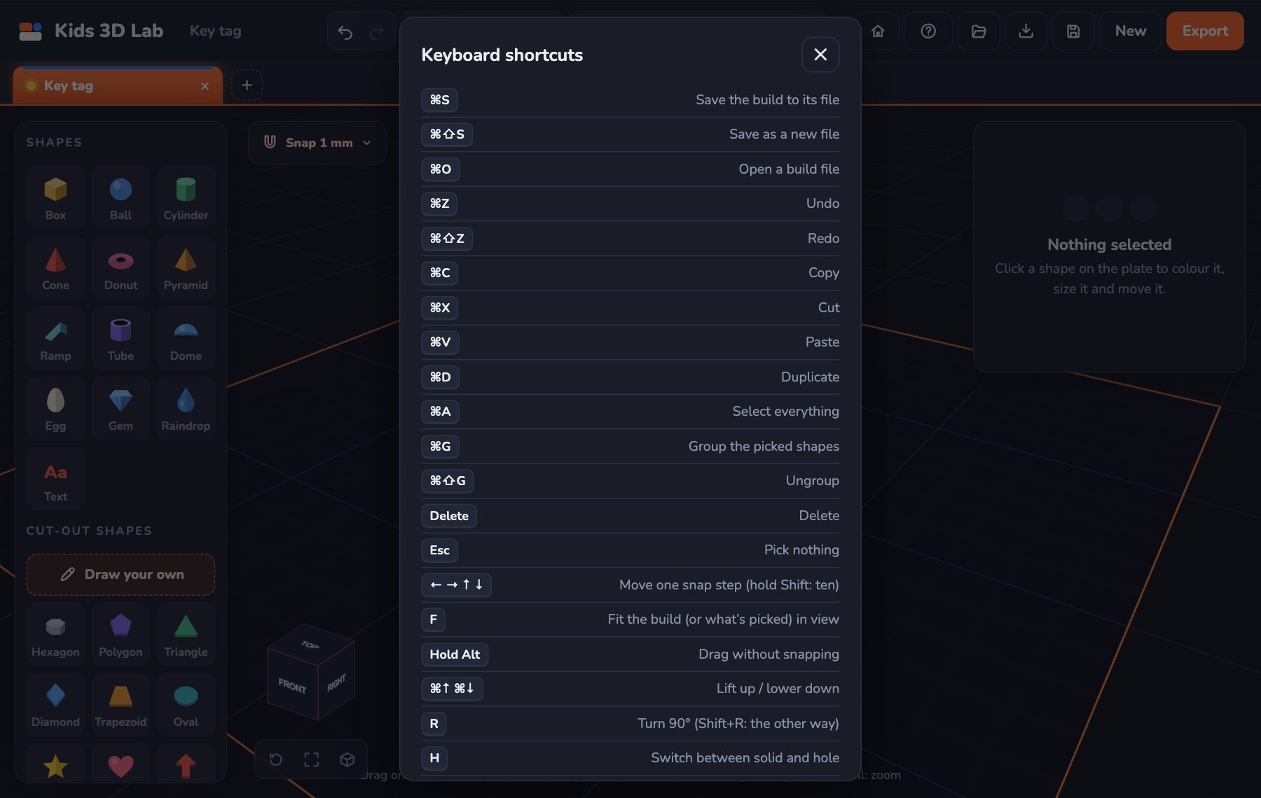 The keyboard shortcuts list inside Kids 3D Lab