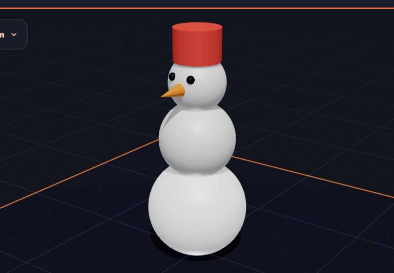 A snowman made of three white balls, an orange cone nose and a red hat