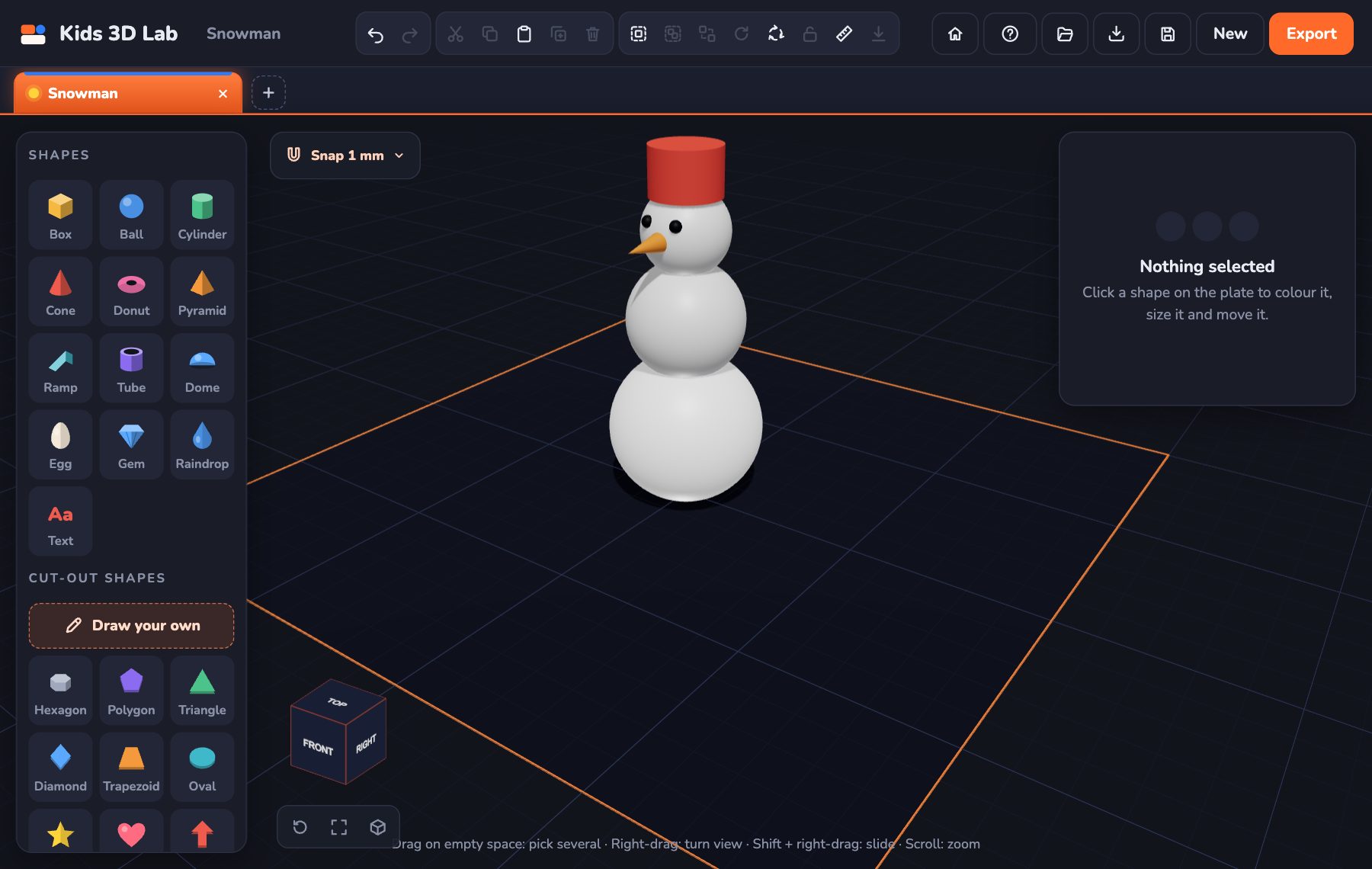 The finished snowman with a red hat