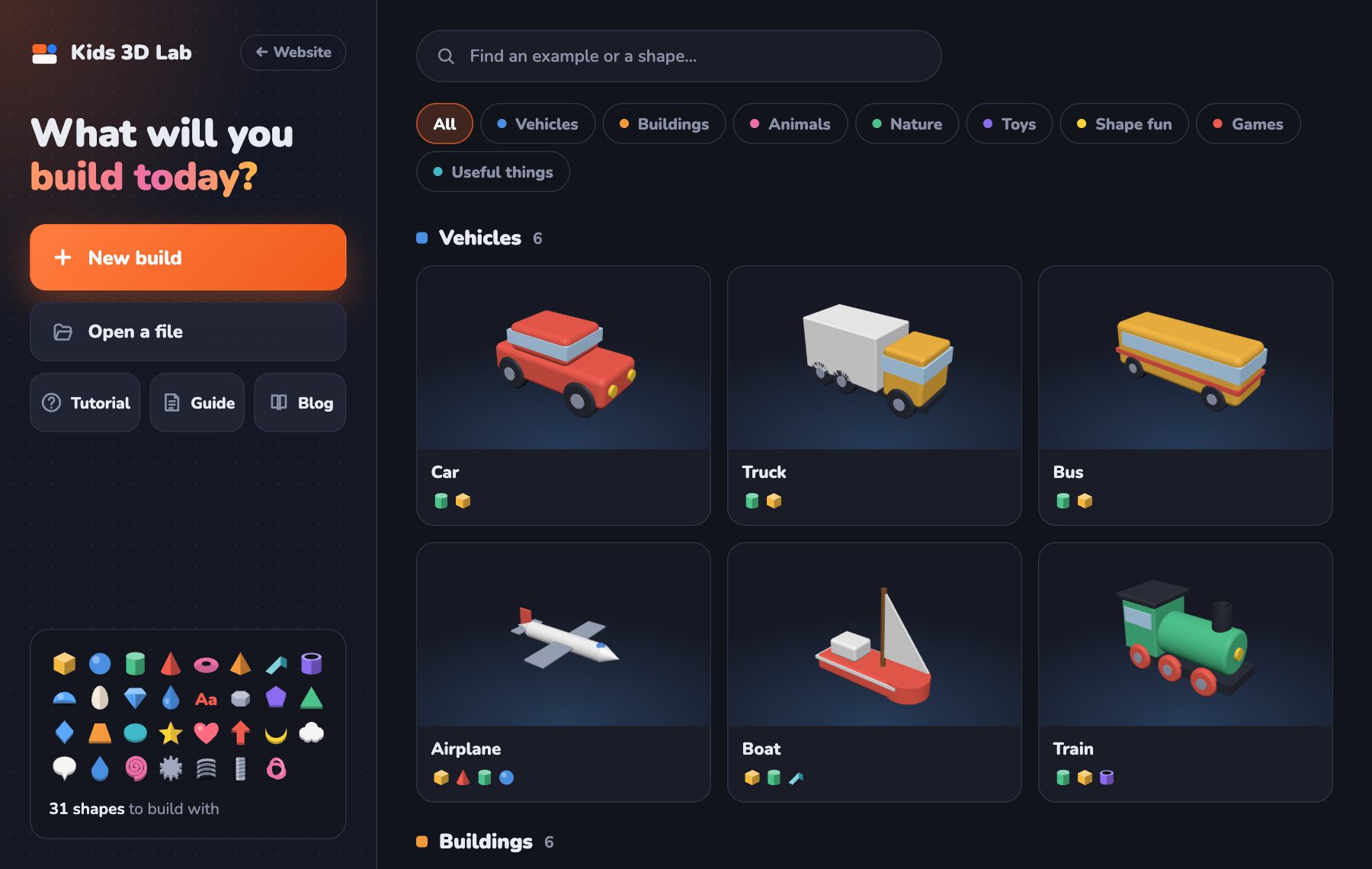 The start page, with a New build button and pictures of examples